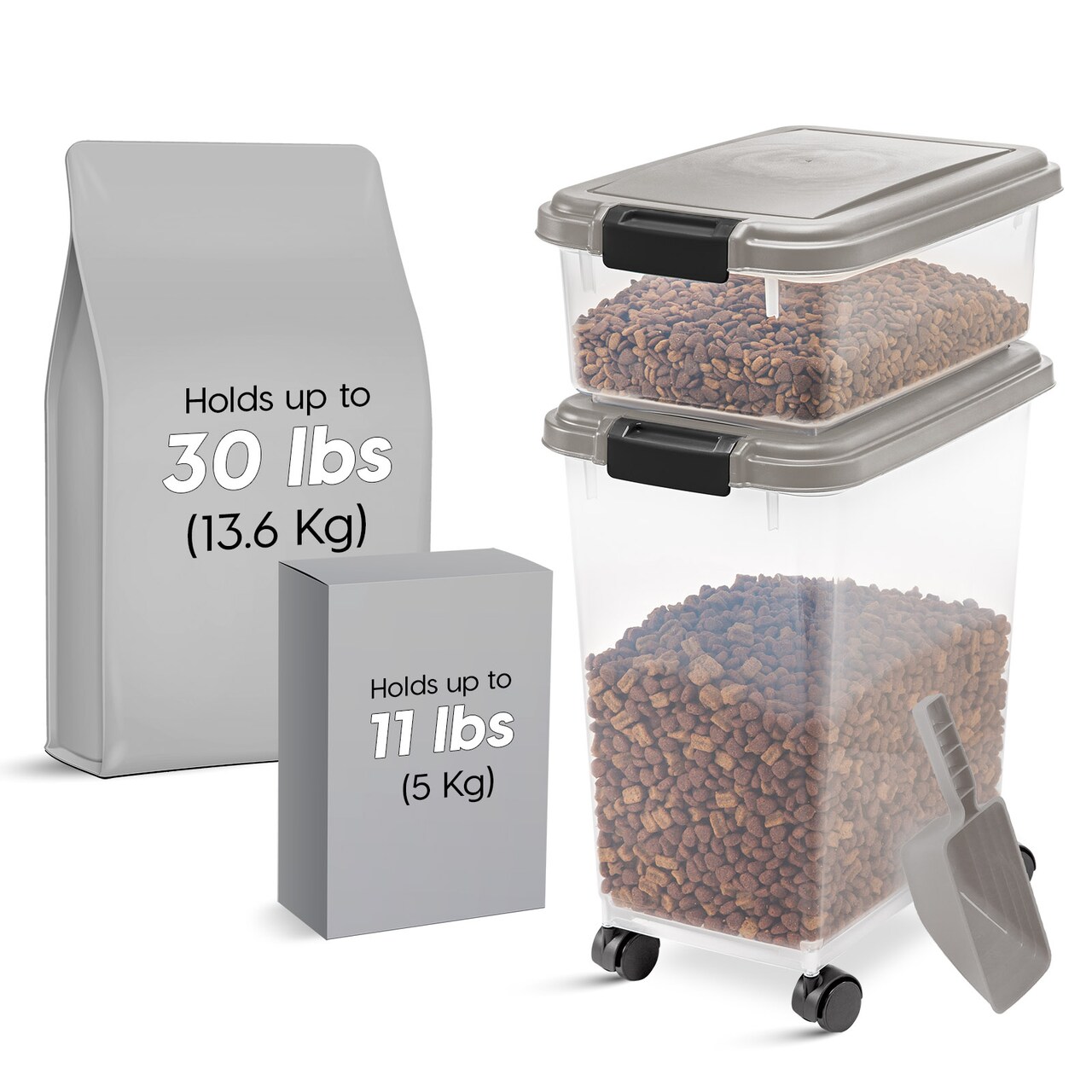 IRIS USA 30lbs+11lbs Airtight Pet Food Storage Container Combo with Scoop and Casters, up to 41lbs